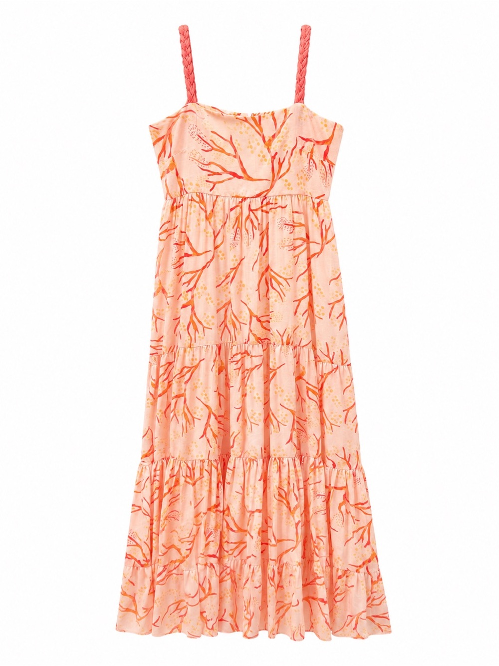 Peach Coral Print Maxi Dress with Braided Straps